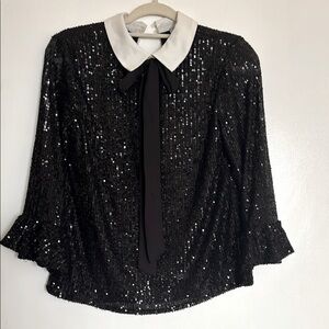 CeCe Black Sequin Blouse with White Collar.  XS